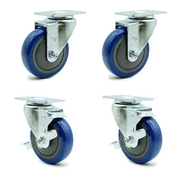 4 Inch Blue Polyurethane Wheel Swivel Top Plate Caster Set with 2 Brakes SCC